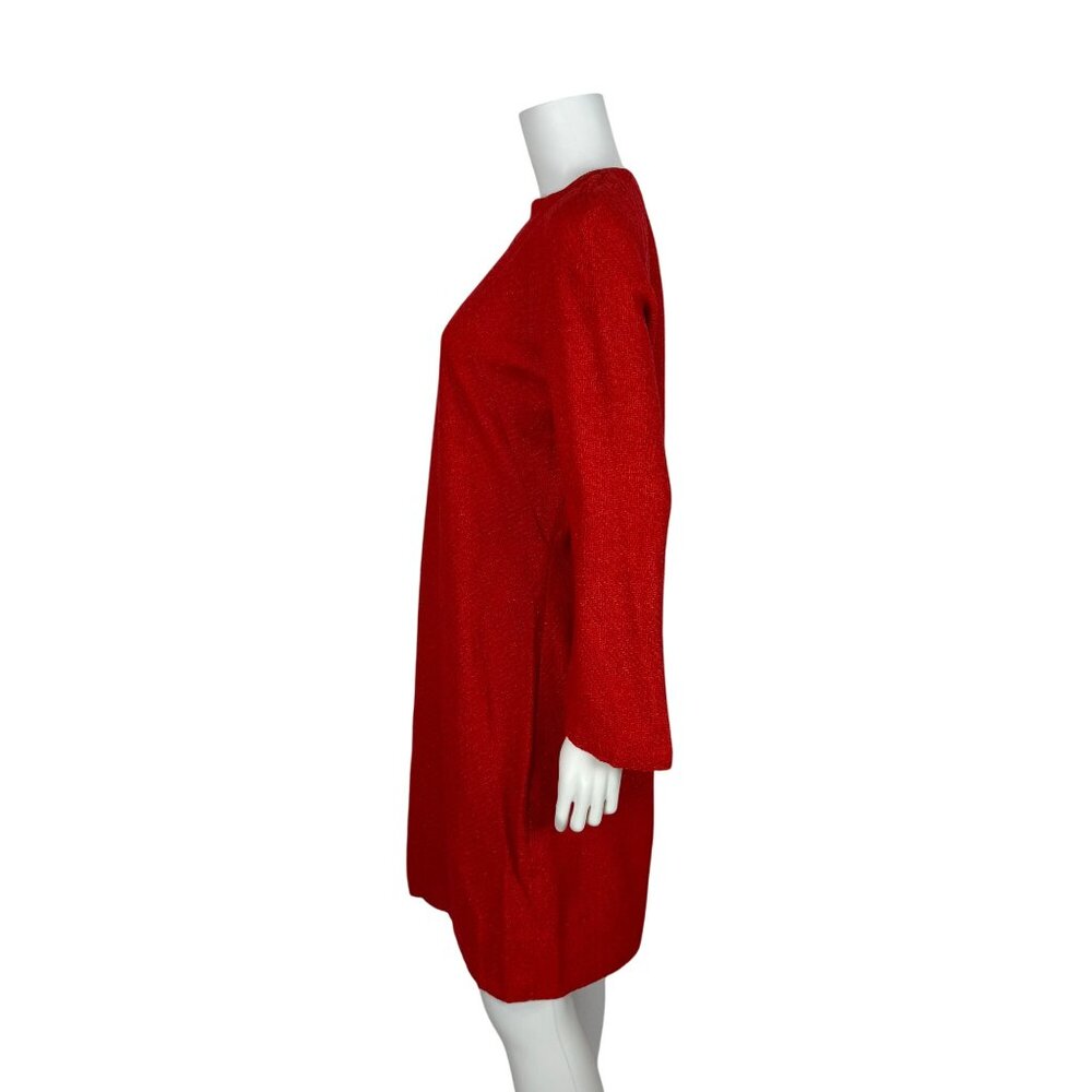 Vintage 70s Tweed Dress Womens Large Long Bell Sleeves Red Orange Woven Mini - Picture 7 of 10